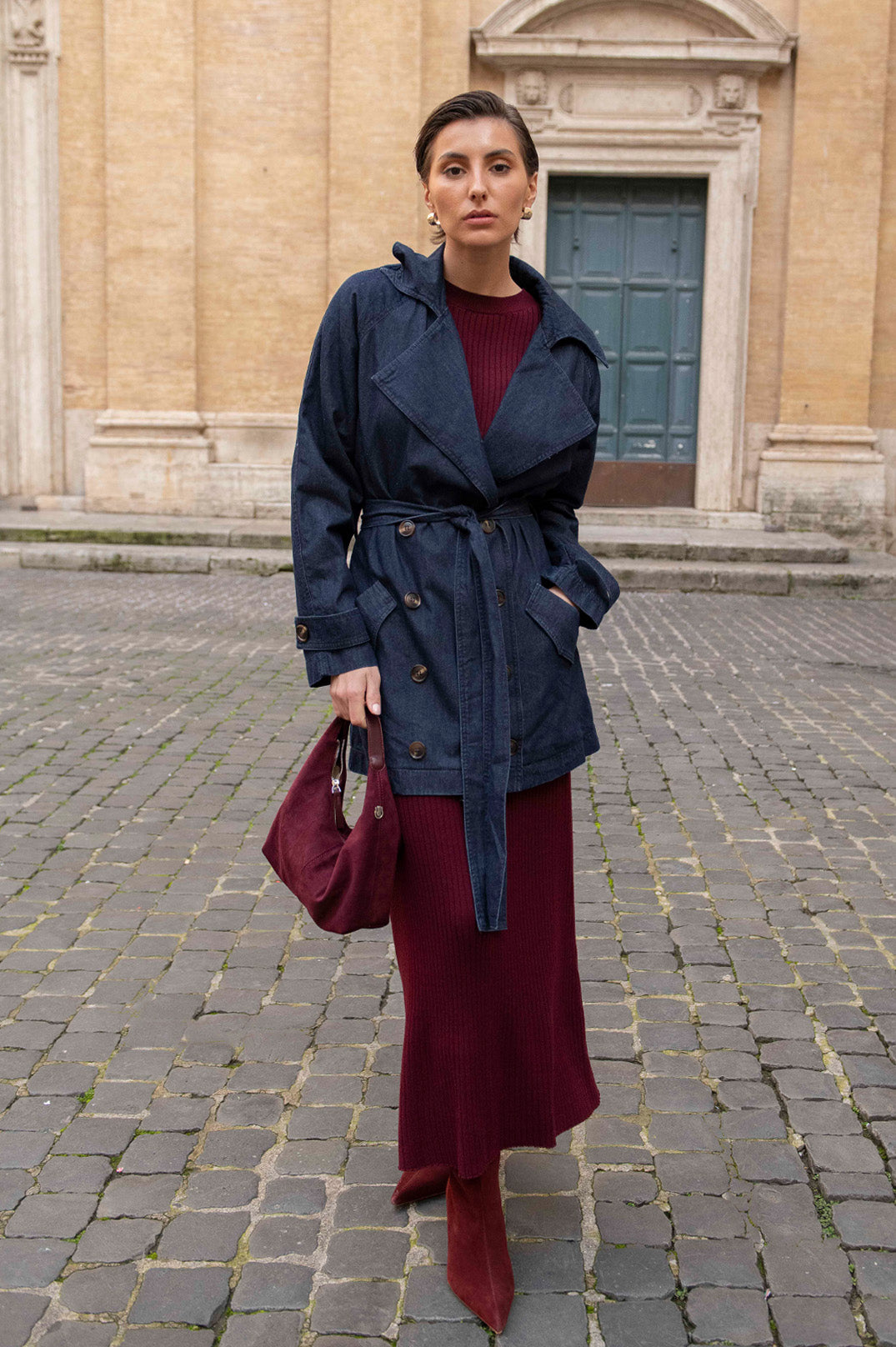 Paris Light Weight Denim Short Trench in Dark Denim | adorne