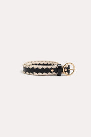 Metal Buckle Contrast Stitch Edge Belt (Black/Cream)