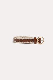 Metal Buckle Contrast Stitch Edge Belt (Tan/Cream)