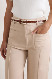 Metal Buckle Contrast Stitch Edge Belt (Tan/Cream)
