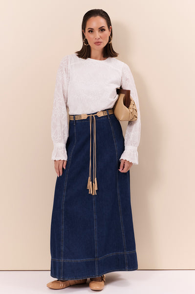 Matilda A Line Maxi Skirt in Mid Wash | adorne