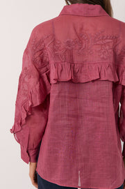 Wanda Embroidered Ramie Shirt (Berry)