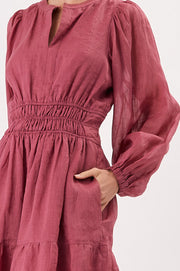 Violette Long Sleeve Ramie Short Dress (Berry)