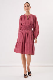 Violette Long Sleeve Ramie Short Dress (Berry)