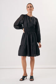 Violette Long Sleeve Ramie Short Dress (Black)