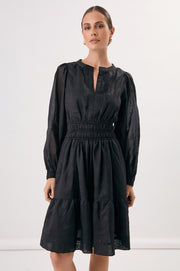 Violette Long Sleeve Ramie Short Dress (Black)