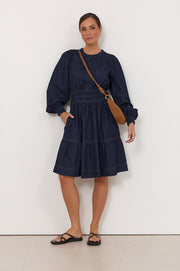 Violette Long Sleeve Short Denim Dress (Denim)