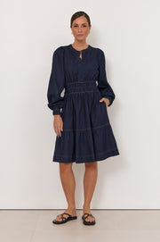 Violette Long Sleeve Short Denim Dress (Denim)