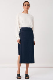 Yuliana Asymmetric Midi Skirt (Denim)