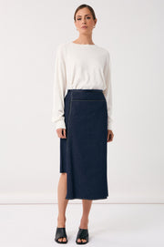 Yuliana Asymmetric Midi Skirt (Denim)