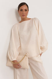 Rowe Boat Neck Linen Top (Champagne)