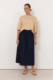 Aspyn Light Weight Denim Midi Skirt (Denim)