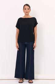 Terrie Angled Neckline Cotton Knit Top (Black)