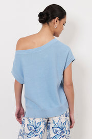 Terrie Angled Neckline Cotton Knit Top (Blue)
