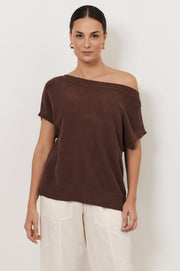 Terrie Angled Neckline Cotton Knit Top (Chocolate)