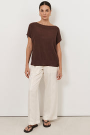 Terrie Angled Neckline Cotton Knit Top (Chocolate)