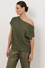 Terrie Angled Neckline Cotton Knit Top (Khaki)
