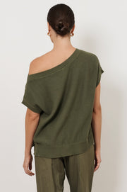 Terrie Angled Neckline Cotton Knit Top (Khaki)