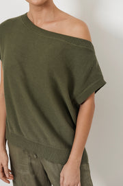 Terrie Angled Neckline Cotton Knit Top (Khaki)