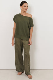 Terrie Angled Neckline Cotton Knit Top (Khaki)