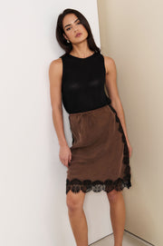 Fortune Cupro Lace Detail Skirt (Chocolate)