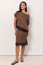 Fortune Cupro Lace Detail Skirt (Chocolate)