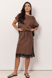 Fortune Cupro Lace Detail Skirt (Chocolate)