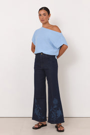 Terrie Angled Neckline Cotton Knit Top (Blue)