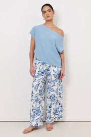 Terrie Angled Neckline Cotton Knit Top (Blue)