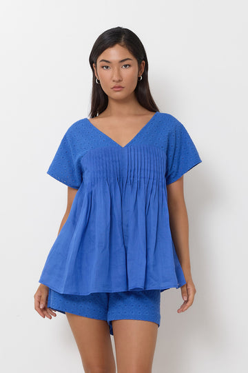 Sidney Lace Pattern Short Sleeve Top in Blue | adorne
