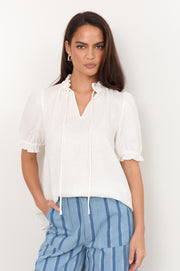 Sandra Short Sleeve Linen Top (White)