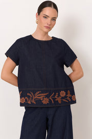 Dillon Lightweight Denim Embroidered Top (Denim)