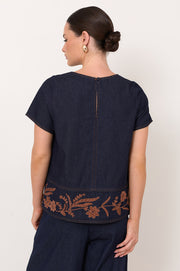 Dillon Lightweight Denim Embroidered Top (Denim)