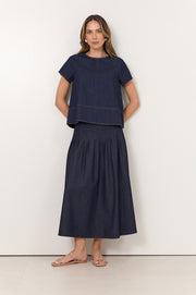 Prue Pleated Lightweight Denim Skirt (Denim)