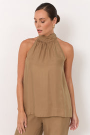 Kendra High Neck Cupro Top (Mocha)