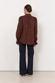 Sandra Long Sleeve Linen Top (Chocolate)