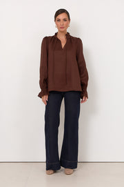 Sandra Long Sleeve Linen Top (Chocolate)