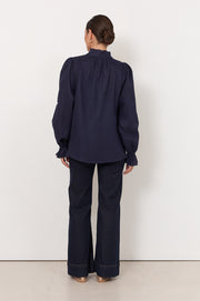 Sandra Long Sleeve Linen Top (Navy)