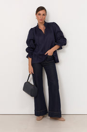 Sandra Long Sleeve Linen Top (Navy)