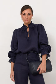 Sandra Long Sleeve Linen Top (Navy)