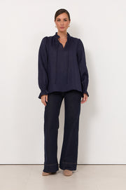 Sandra Long Sleeve Linen Top (Navy)