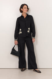 Sabina Linen Embroidered Pant (Black)