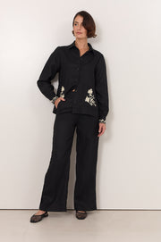 Sabina Linen Embroidered Pant (Black)