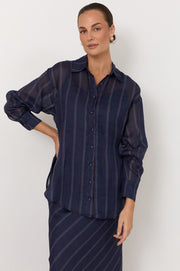 Estelle Stripe Ramie Shirt (Navy)