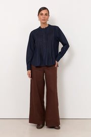 Thea Lightweight Denim Pleated Top (Denim)