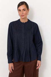 Thea Lightweight Denim Pleated Top (Denim)