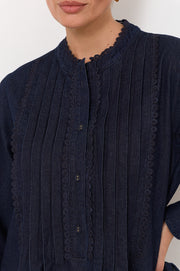Thea Lightweight Denim Pleated Top (Denim)