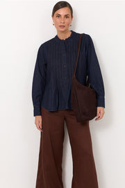 Thea Lightweight Denim Pleated Top (Denim)