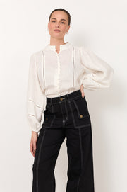 Juno Trim Detail Linen Top (White)