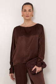 Meeka Satin Long Sleeve Top (Chocolate)